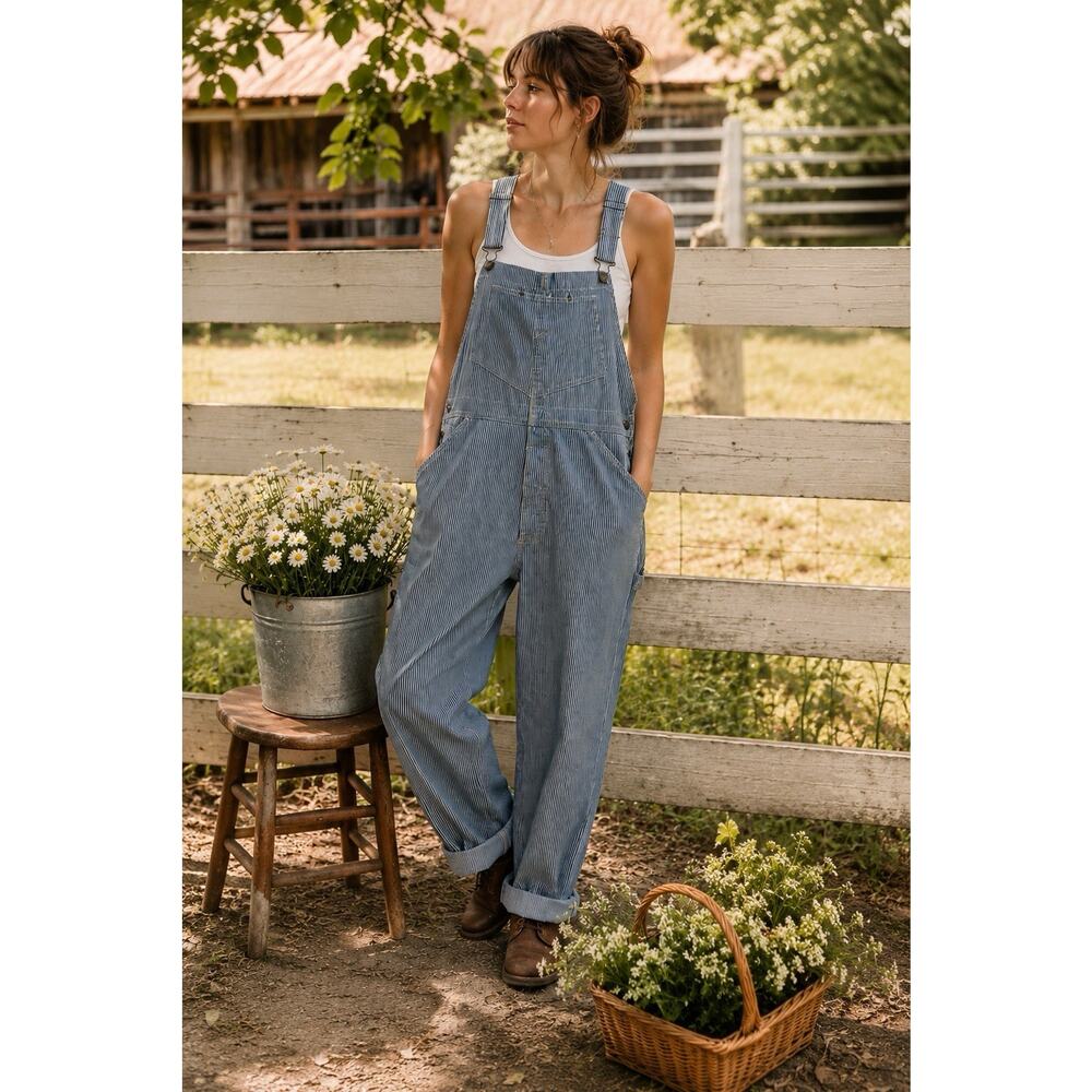 VTG GAP USA Railroad Blu White Stripe Jean Baggy Bib Overalls Carpenter Unisex L